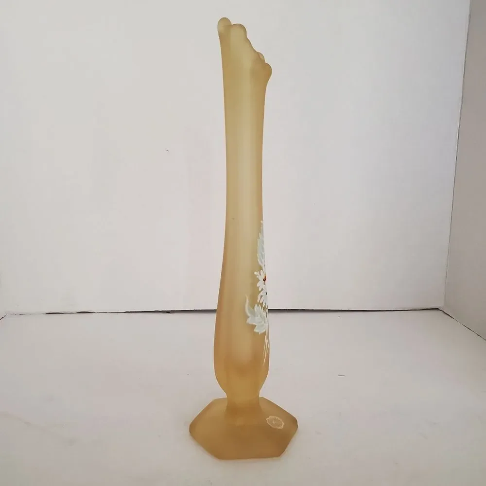 Westmoreland Yellow Satin Glass Swung Vase Daisy Floral Bud Vase 10.5